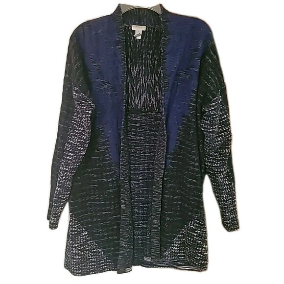 CHICO'S Cardigan Sweater Womens 2 (L) Duster Open Front Long Sleeve Blue Black - Picture 1 of 14
